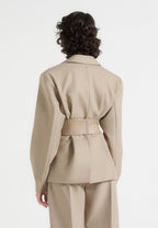 Marie - Twist Sleeve Tailored Blazer with Belt - Taupe