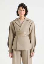 Marie - Twist Sleeve Tailored Blazer with Belt - Taupe