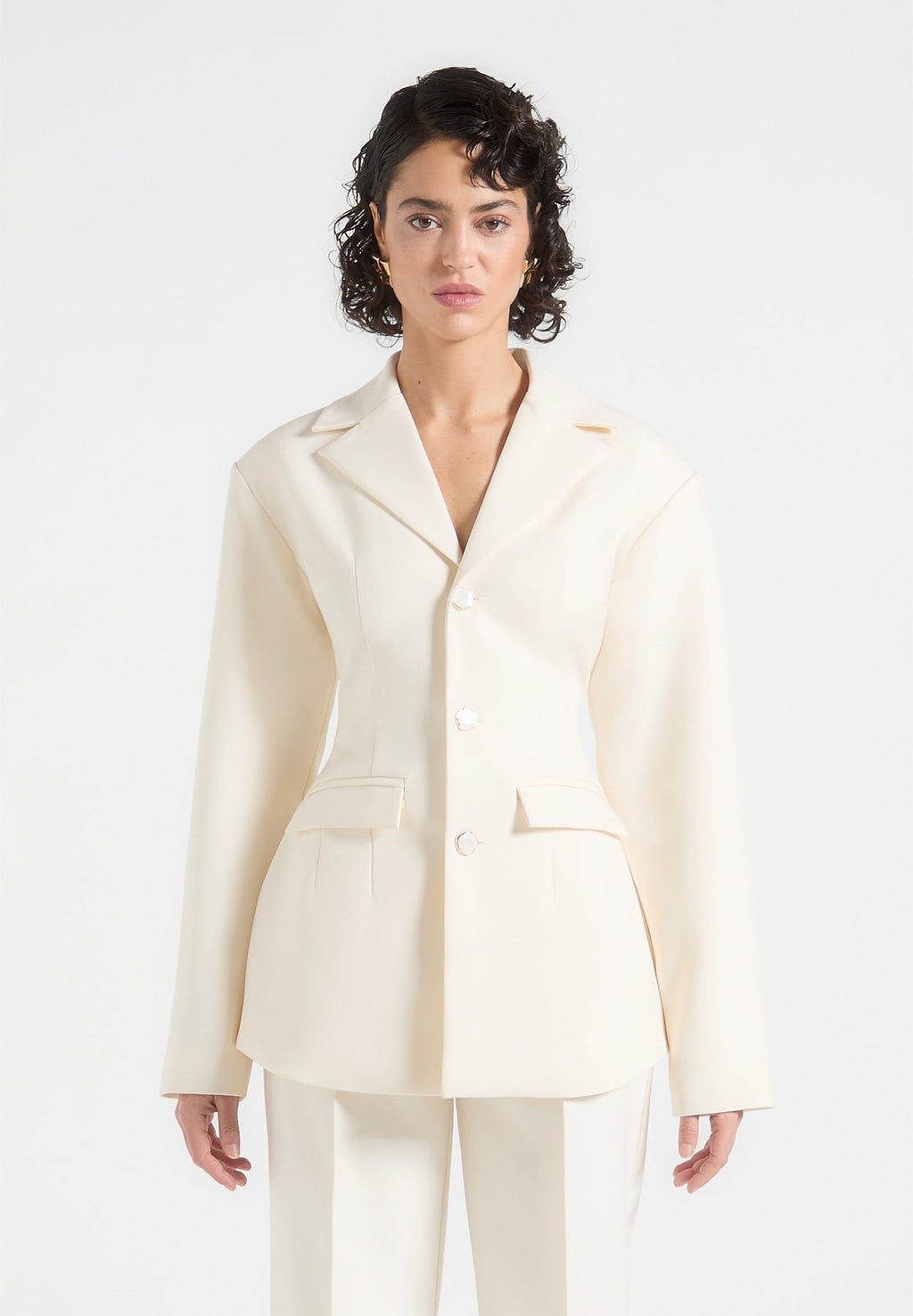 Claire - Wide Shoulder Cinch Waist Blazer - Cream