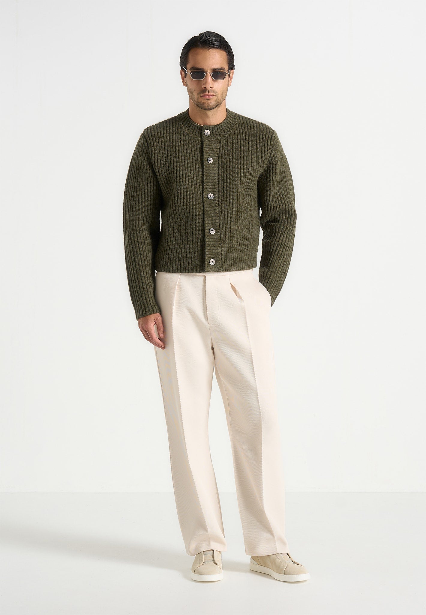 Alix - Unisex Crewneck Ribbed Knit Cardigan - Olive