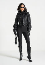 Solange - Leather Tacked Sleeve Corset Jacket - Black