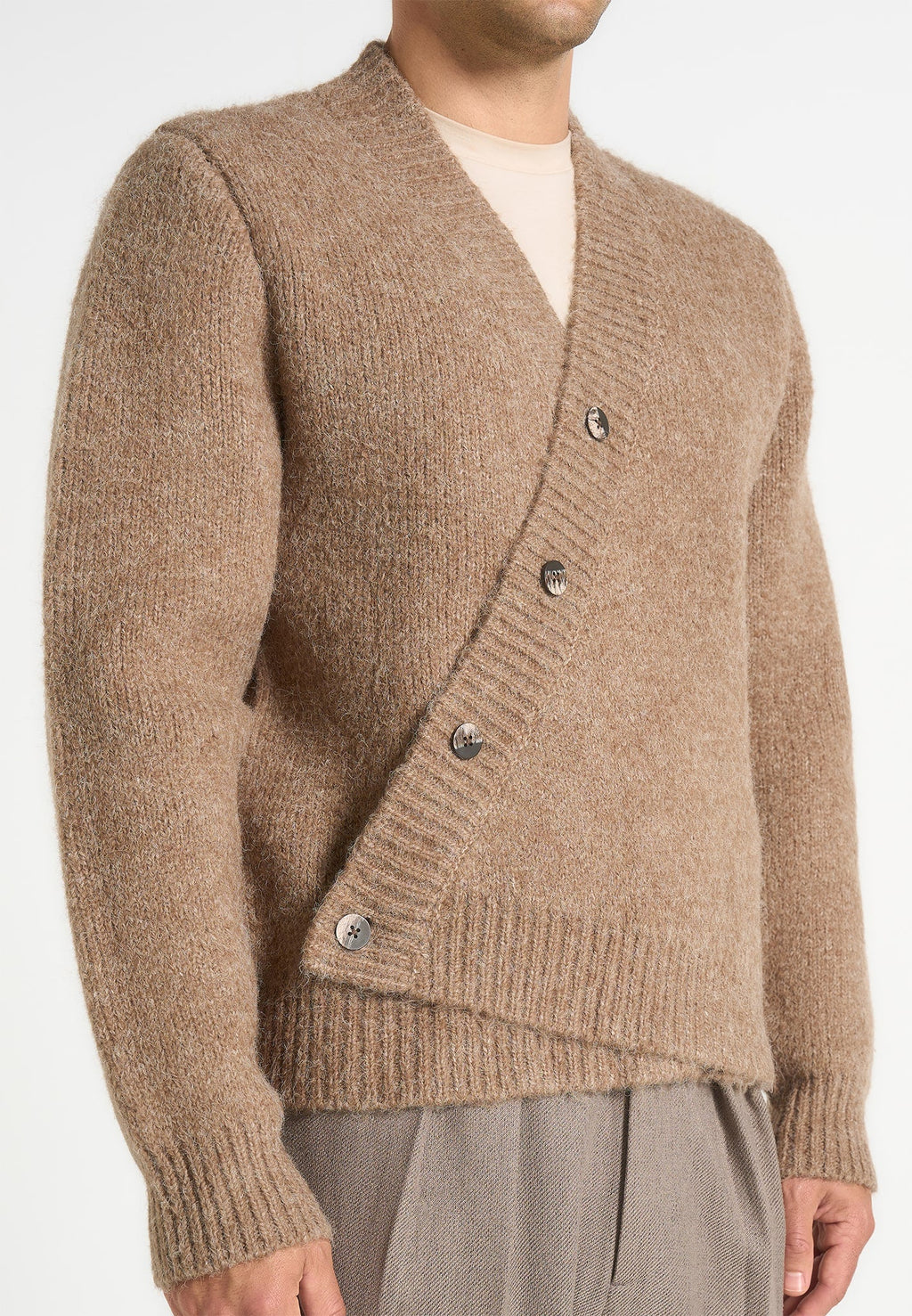 Dani - Unisex Asymmetric Brushed Knit Cardigan - Taupe