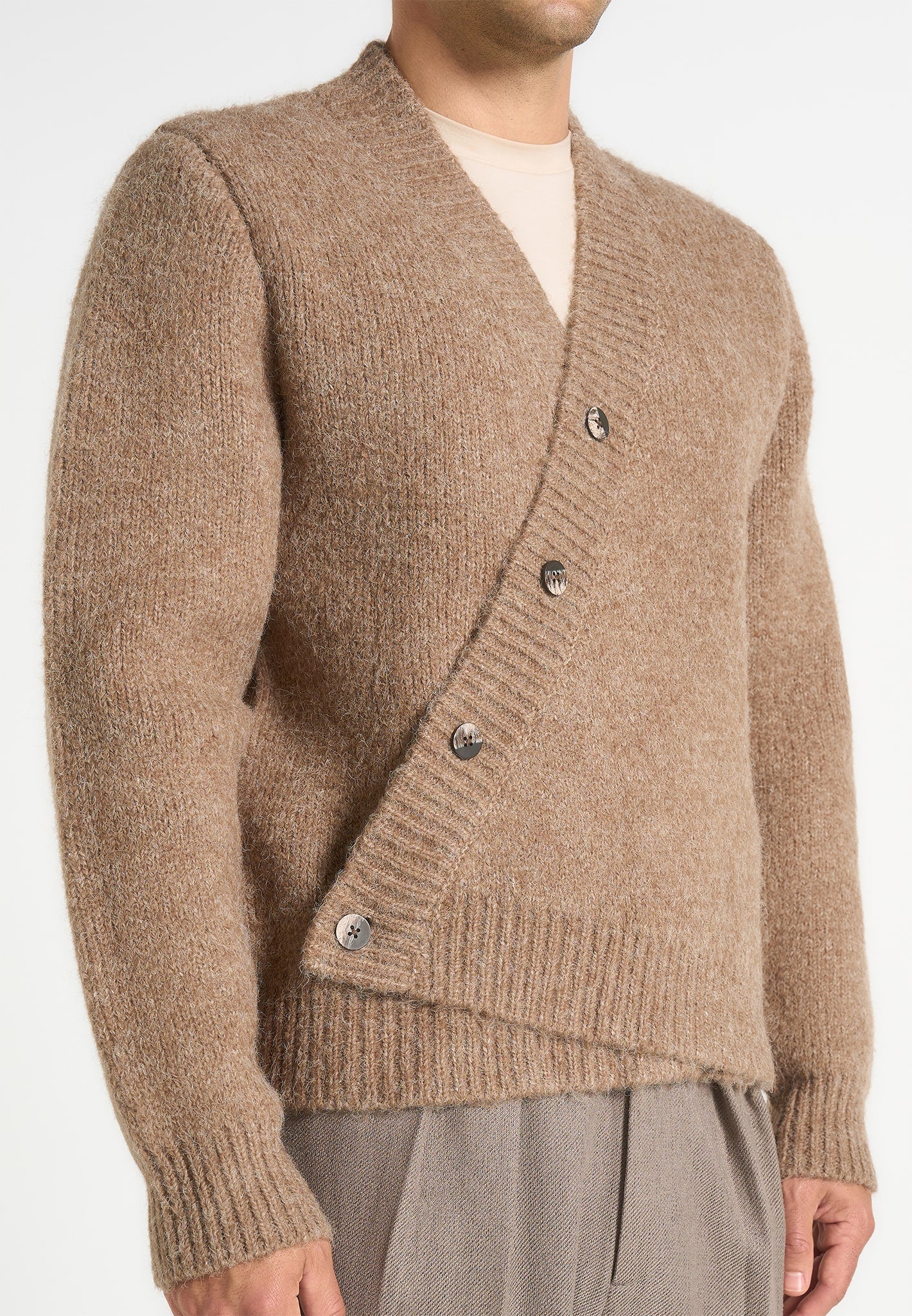 Dani - Unisex Asymmetric Brushed Knit Cardigan - Taupe
