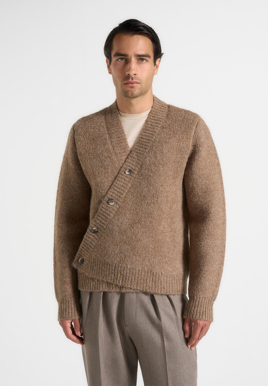 Dani - Unisex Asymmetric Brushed Knit Cardigan - Taupe