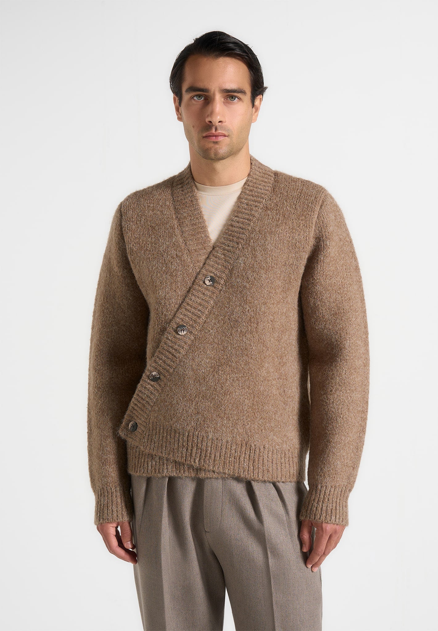 Dani - Unisex Asymmetric Brushed Knit Cardigan - Taupe