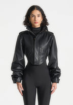 Solange - Leather Tacked Sleeve Corset Jacket - Black