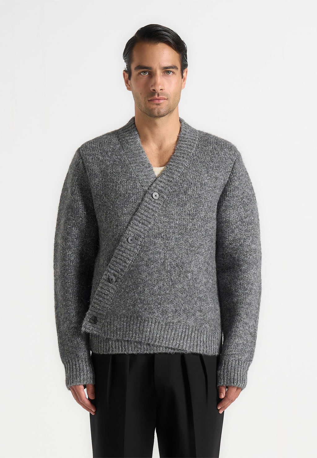 Dani - Unisex Asymmetric Brushed Knit Cardigan - Grey