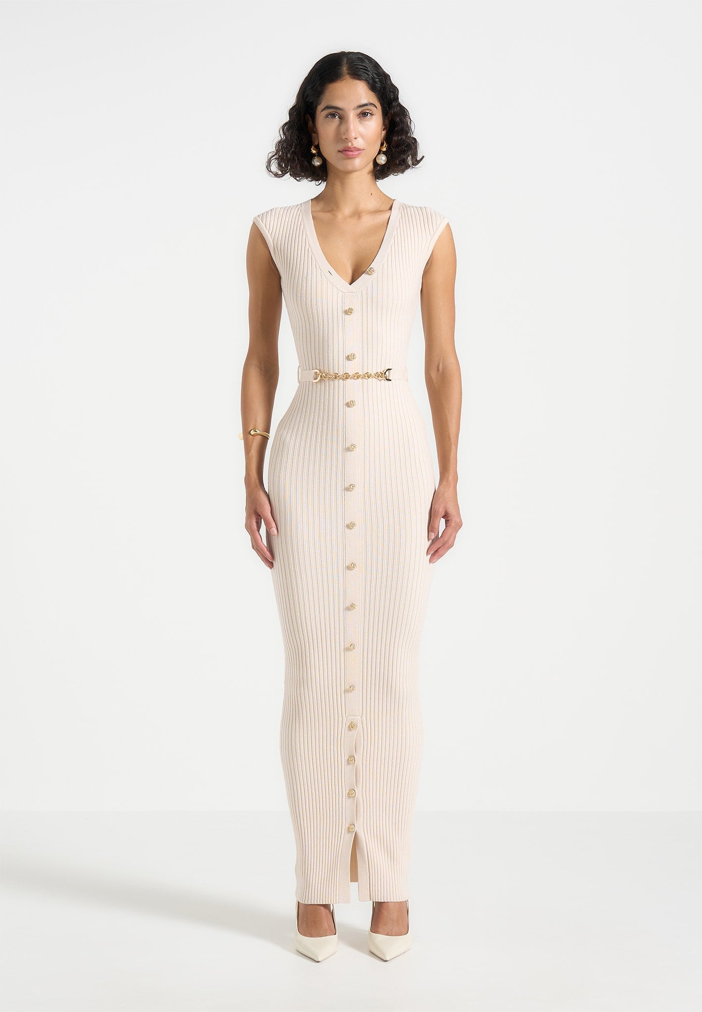 Helene - Knitted Midaxi Dress with Belt - Beige