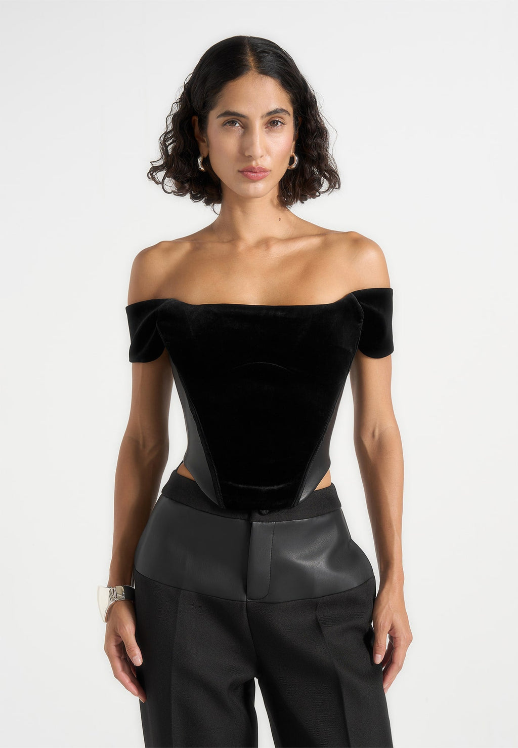 Fae - Velvet & Leather Bardot Corset Top - Black