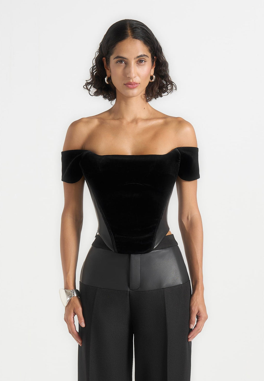 Fae - Velvet & Leather Bardot Corset Top - Black