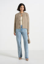 Alix - Unisex Crewneck Ribbed Knit Cardigan - Beige