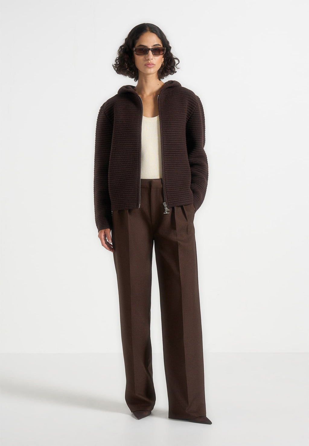 Eden - Unisex Ribbed Knit Zip Up Hoodie - Brown
