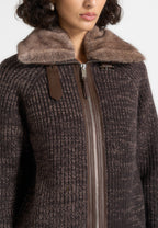 Ariel - Unisex Plush Collar Speckled Knit Jacket - Brown
