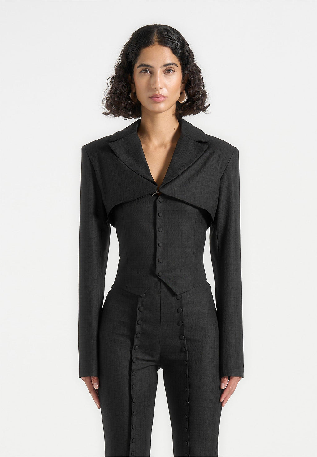Lise - Cropped Tailored Blazer & Button Detail Bandeau - Black
