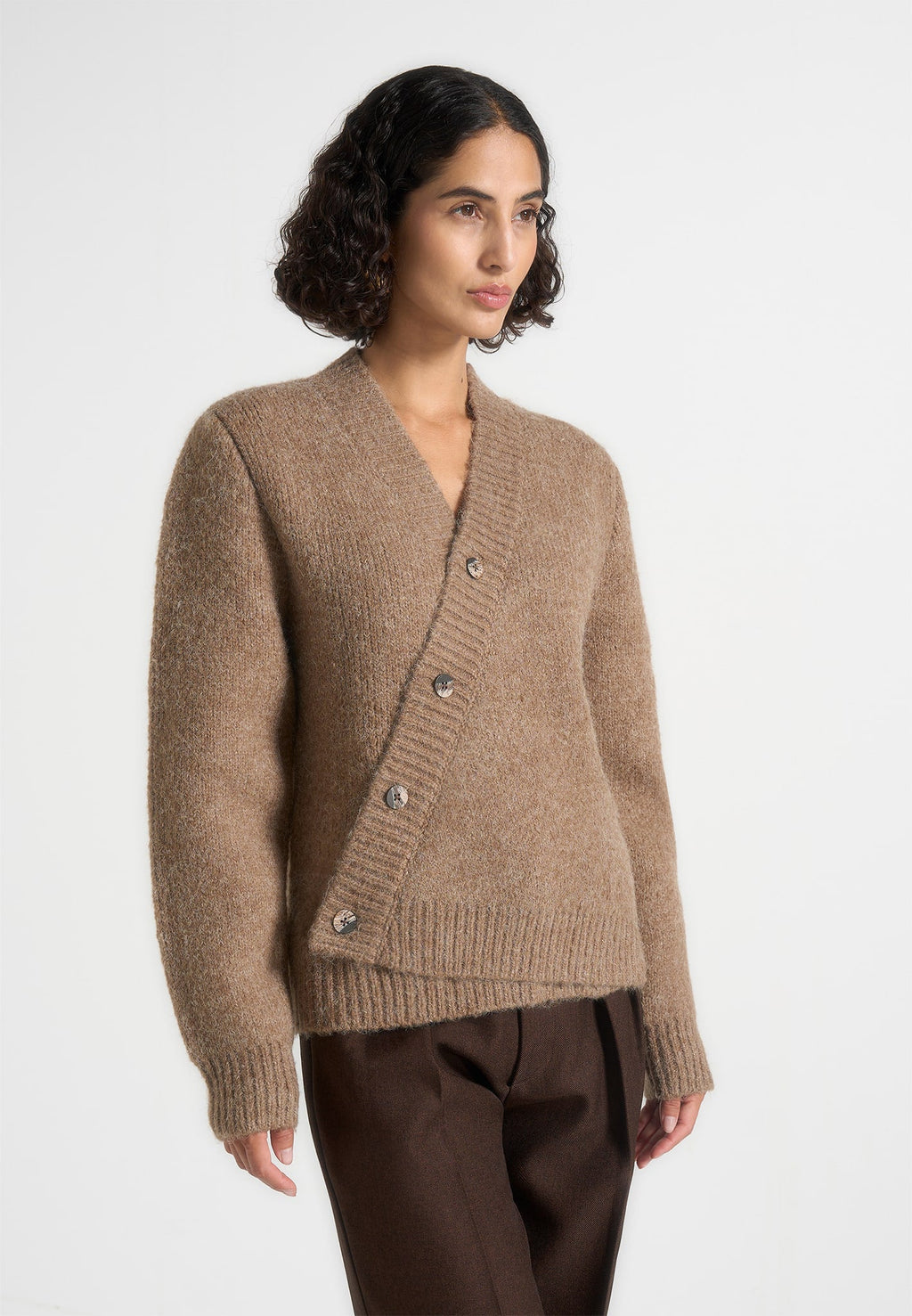 Dani - Unisex Asymmetric Brushed Knit Cardigan - Taupe