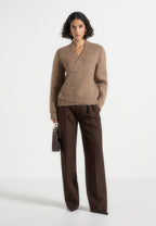 Dani - Unisex Asymmetric Brushed Knit Cardigan - Taupe