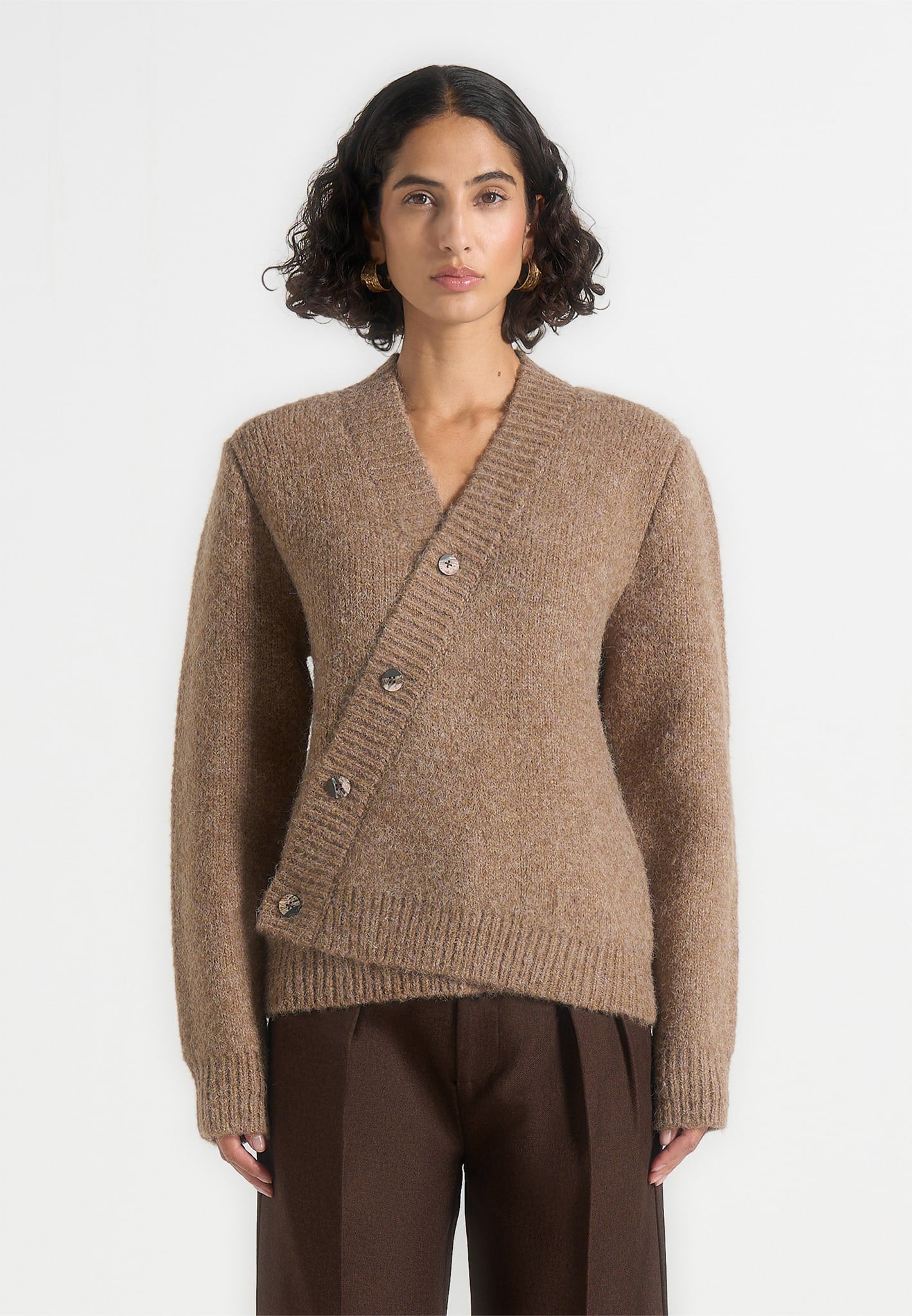 Dani - Unisex Asymmetric Brushed Knit Cardigan - Taupe