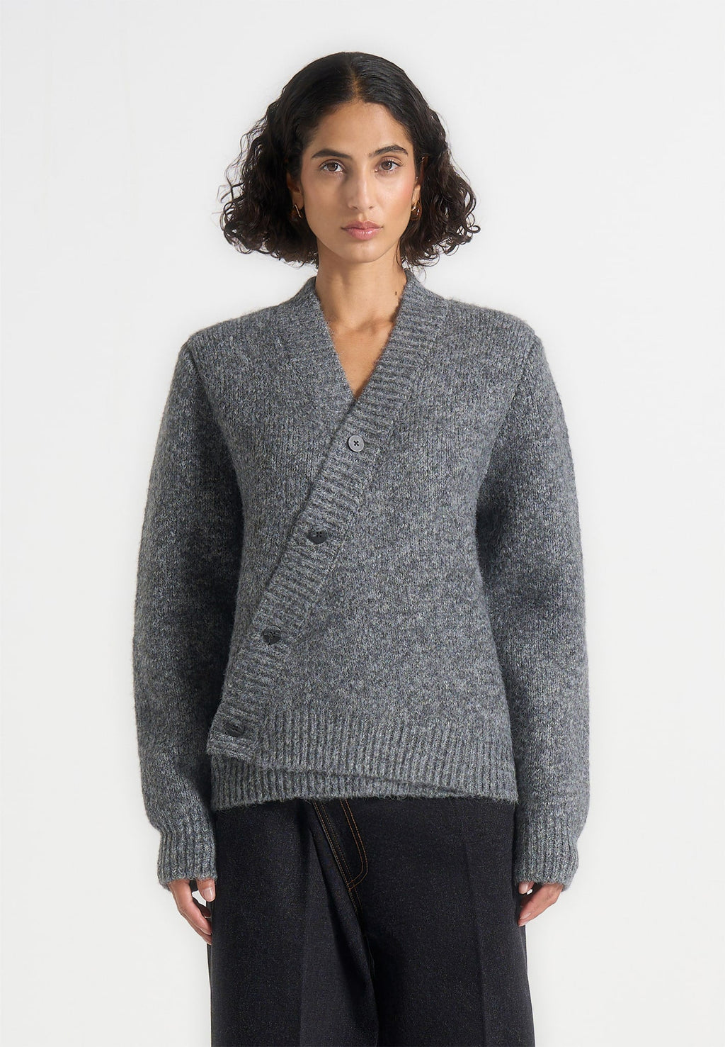 Dani - Unisex Asymmetric Brushed Knit Cardigan - Grey