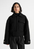 Naela - Boxy Tweed Jacket With Cuff Detail - Black