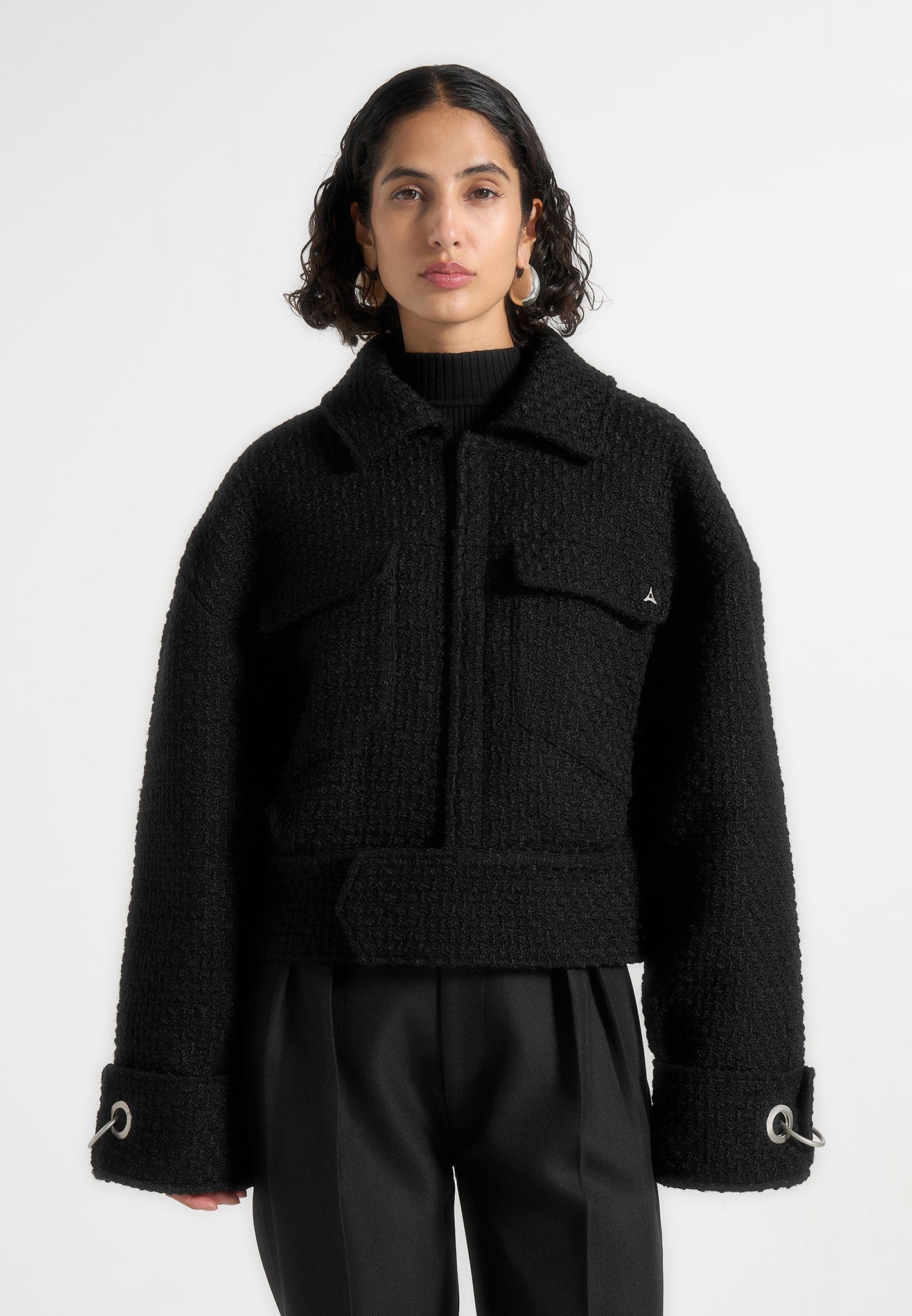 Naela - Boxy Tweed Jacket With Cuff Detail - Black