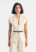 Linda - Linen Wide Shoulder Cinched Waistcoat - Natural