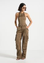 Claudette - Satin Halterneck Backless Top - Dark Olive