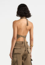Claudette - Satin Halterneck Backless Top - Dark Olive