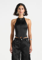 Claudette - Satin Halterneck Backless Top - Black