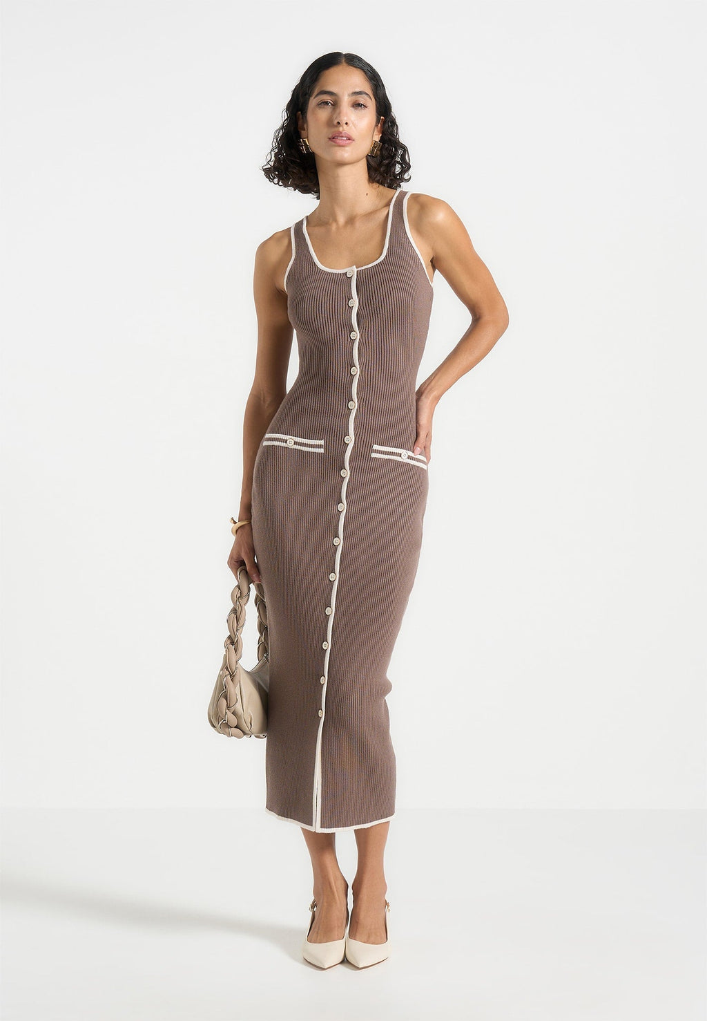 Daphne - Rib Knit Contrast Midaxi Dress - Brown/Cream