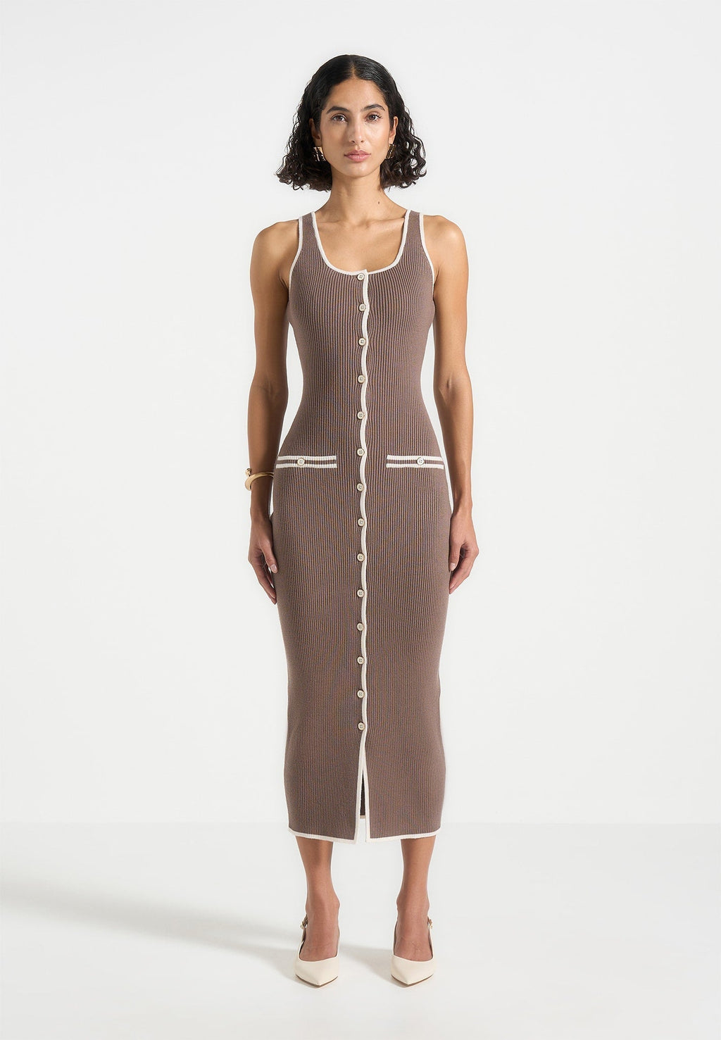 Daphne - Rib Knit Contrast Midaxi Dress - Brown/Cream