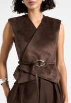 Jeanne - Suede Wrap Waistcoat with Belt - Brown