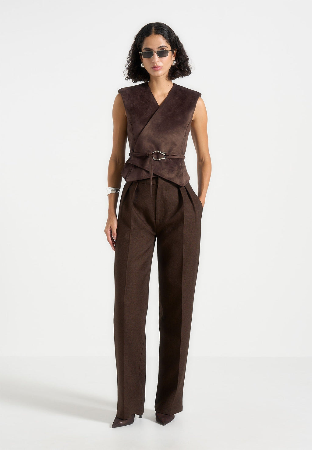 Jeanne - Suede Wrap Waistcoat with Belt - Brown