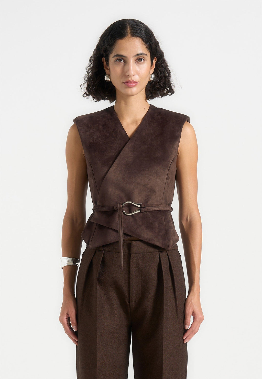 Jeanne - Suede Wrap Waistcoat with Belt - Brown