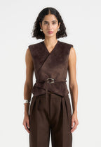 Jeanne - Suede Wrap Waistcoat with Belt - Brown