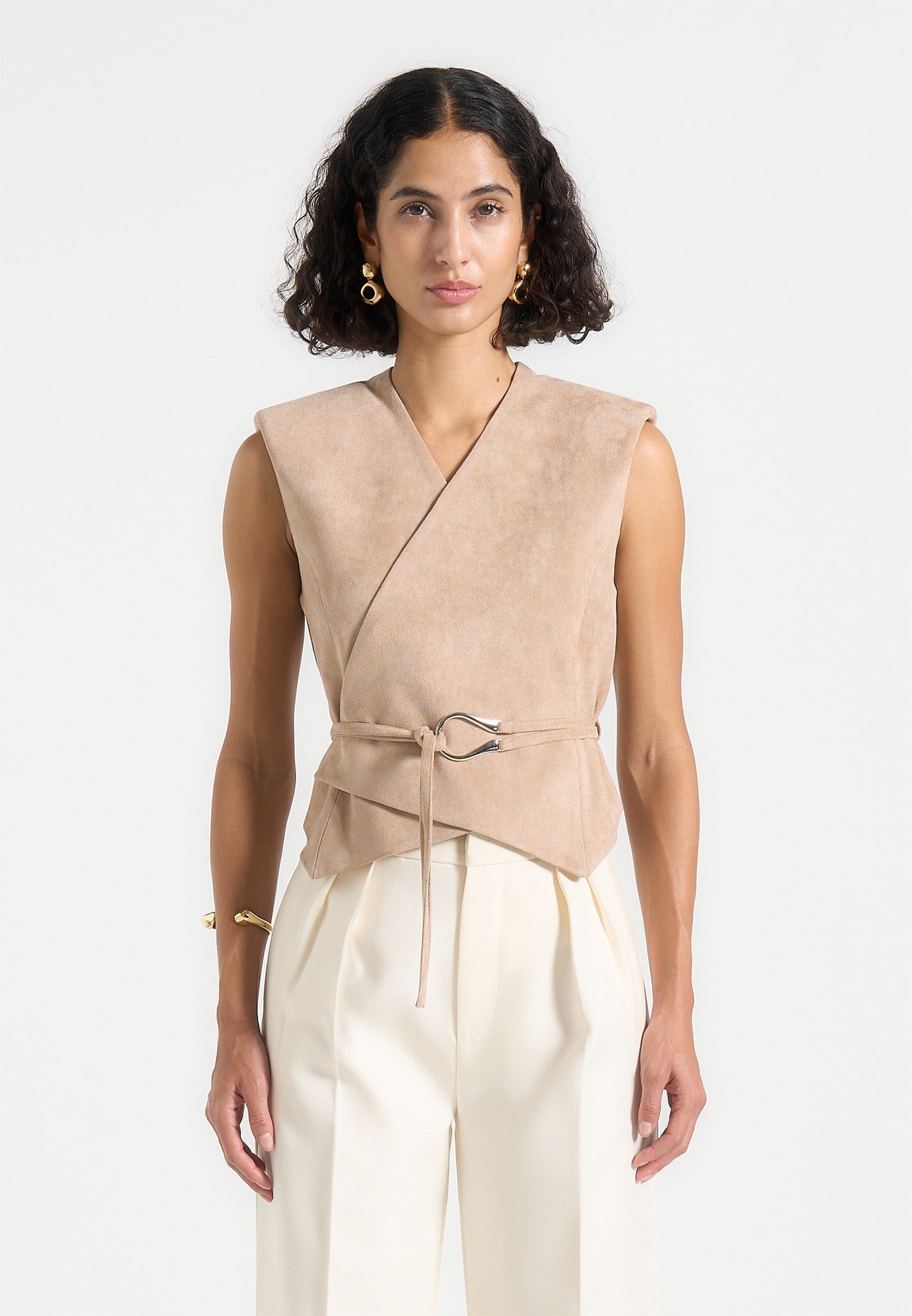 Jeanne - Suede Wrap Waistcoat with Belt - Taupe