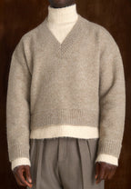 Jacques - Unisex Double Layer V-Neck Knit Jumper - Beige/Cream
