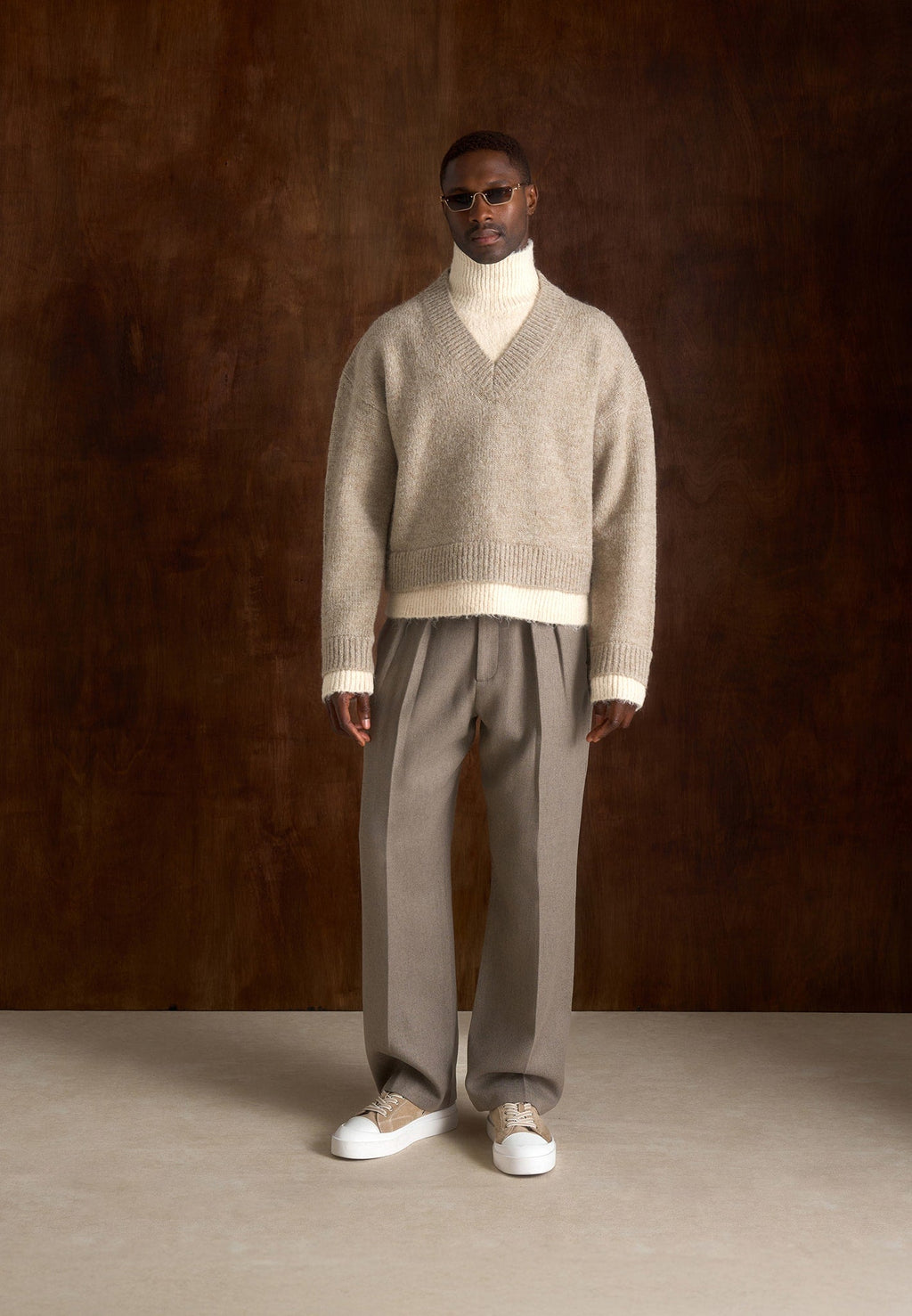 Jacques - Unisex Double Layer V-Neck Knit Jumper - Beige/Cream