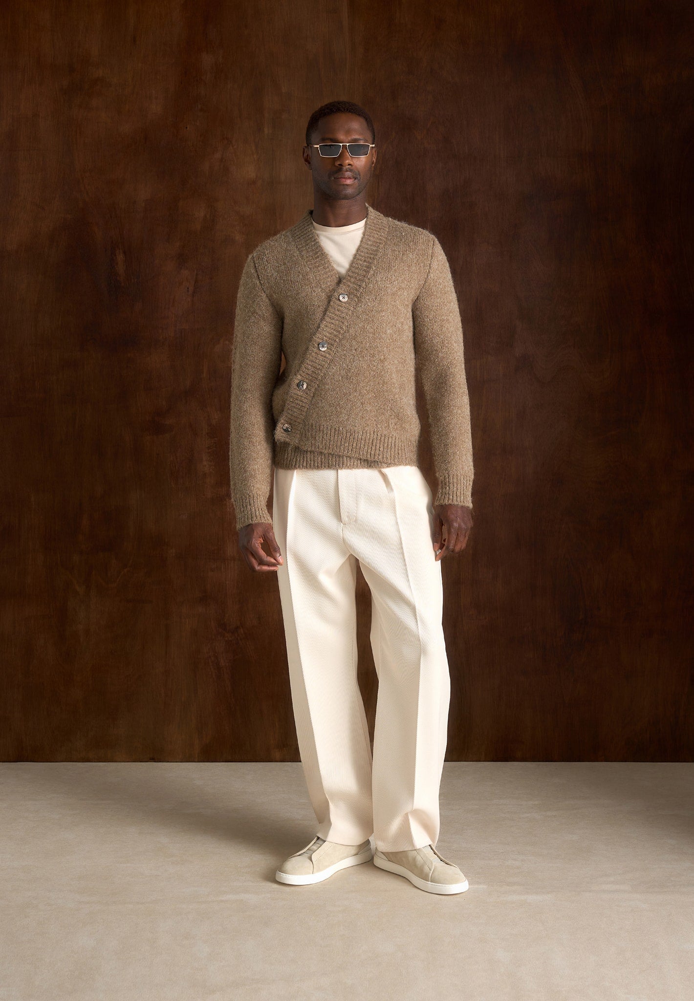 Dani - Unisex Asymmetric Brushed Knit Cardigan - Taupe