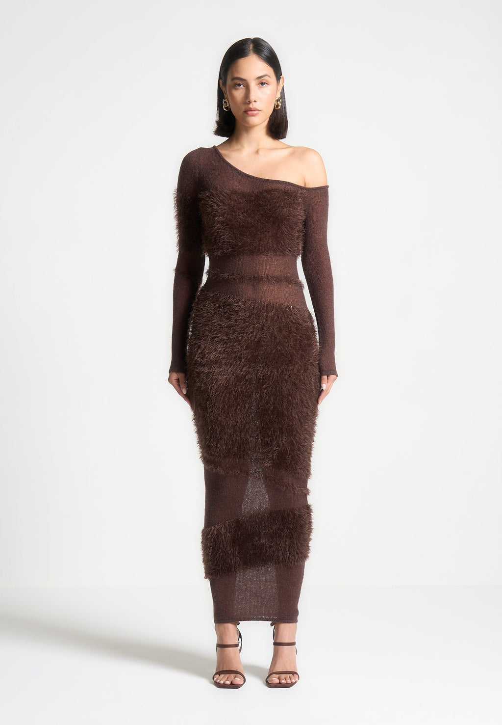 Off Shoulder Knitted Maxi Dress - Brown