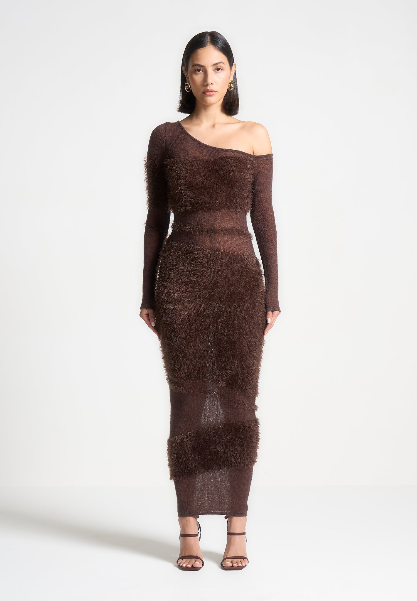 Off Shoulder Knitted Maxi Dress - Brown