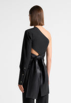 Coralie - One Sleeve Leather Wrap Top - Black
