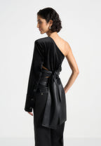 Coralie - One Sleeve Velour Wrap Top - Black