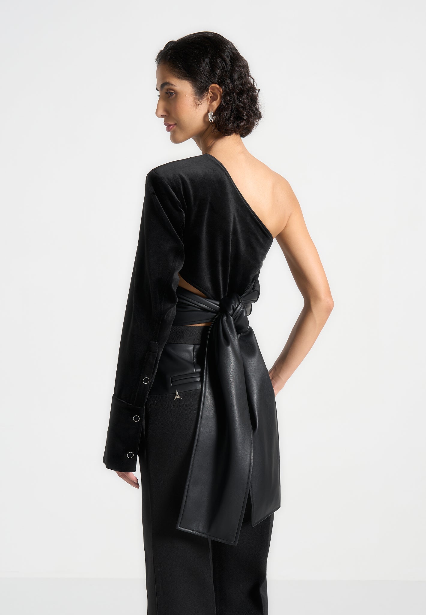 Coralie - One Sleeve Velour Wrap Top - Black