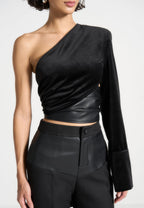 Coralie - One Sleeve Velour Wrap Top - Black
