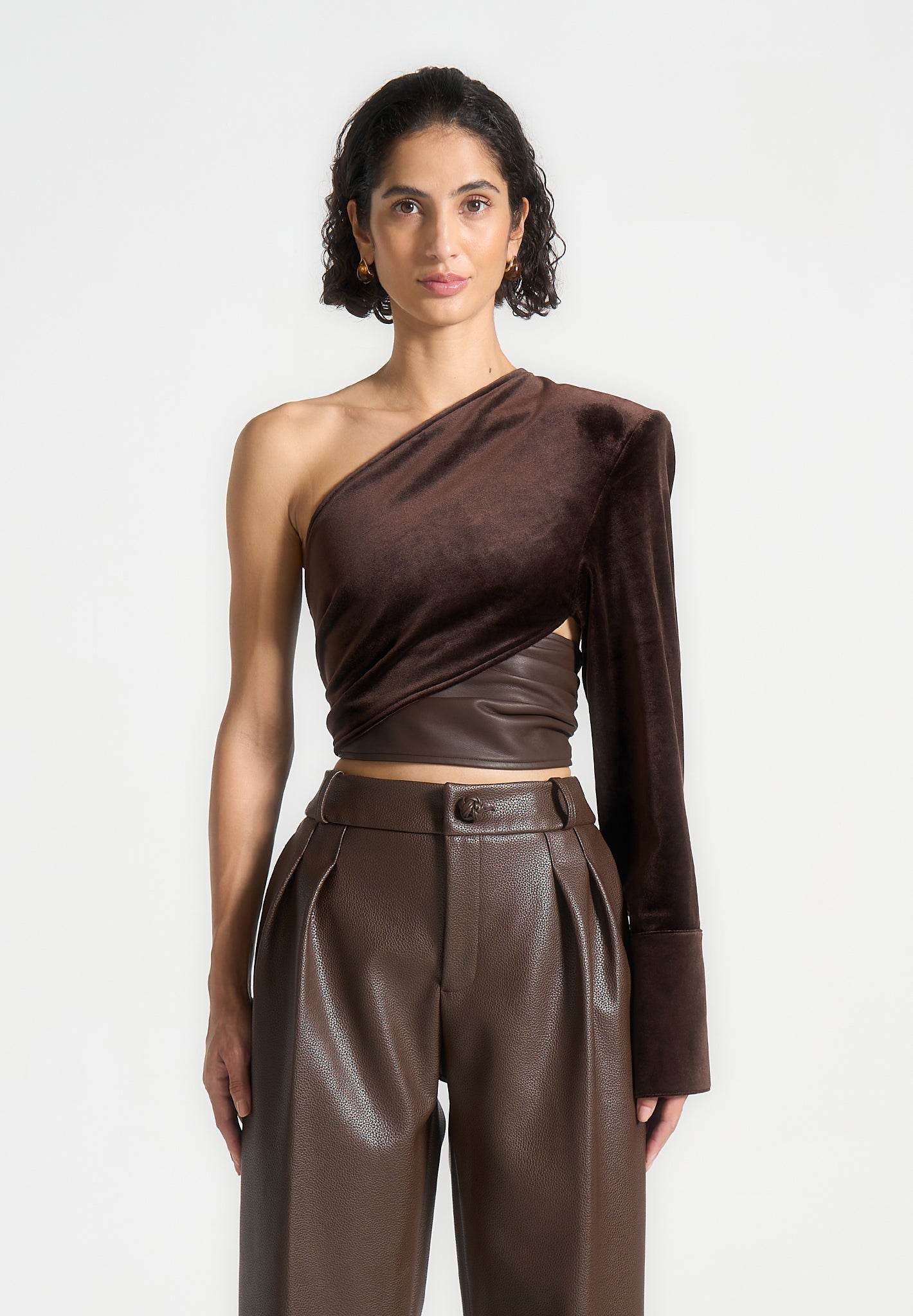 Coralie - One Sleeve Velour Wrap Top - Brown