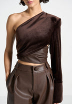 Coralie - One Sleeve Velour Wrap Top - Brown