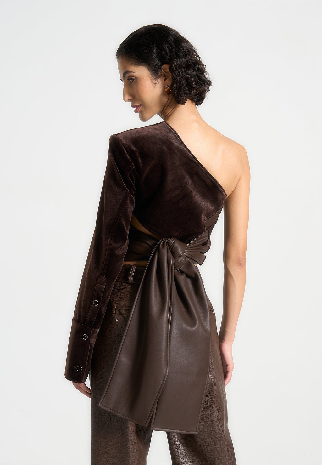 Coralie - One Sleeve Velour Wrap Top - Brown