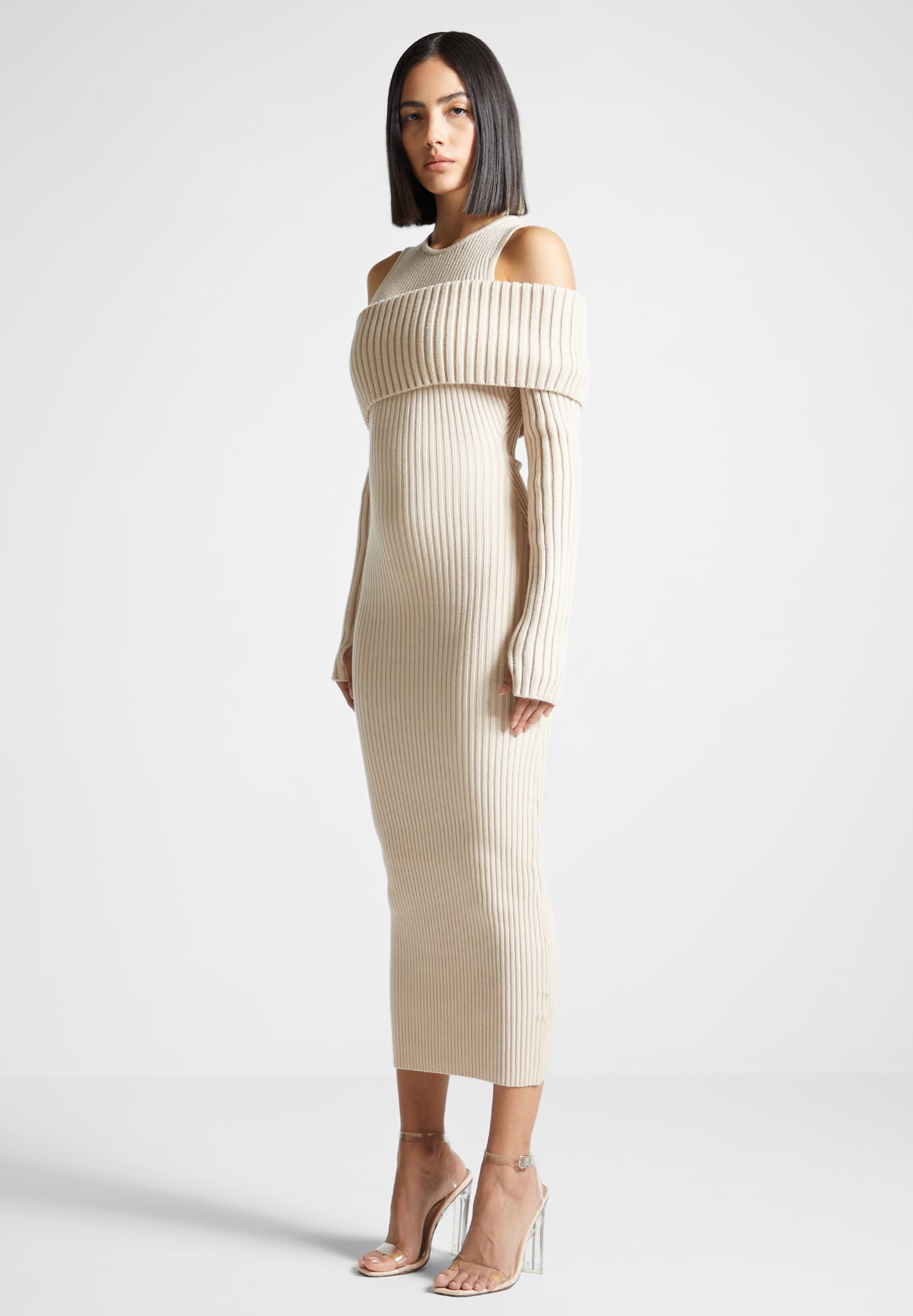 Overlay Knitted Midaxi Dress - Beige