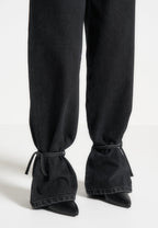 Faye - Wide Mid Rise Jeans with Tie Waist - Washed Black
