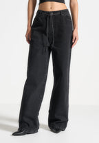 Faye - Wide Mid Rise Jeans with Tie Waist - Washed Black